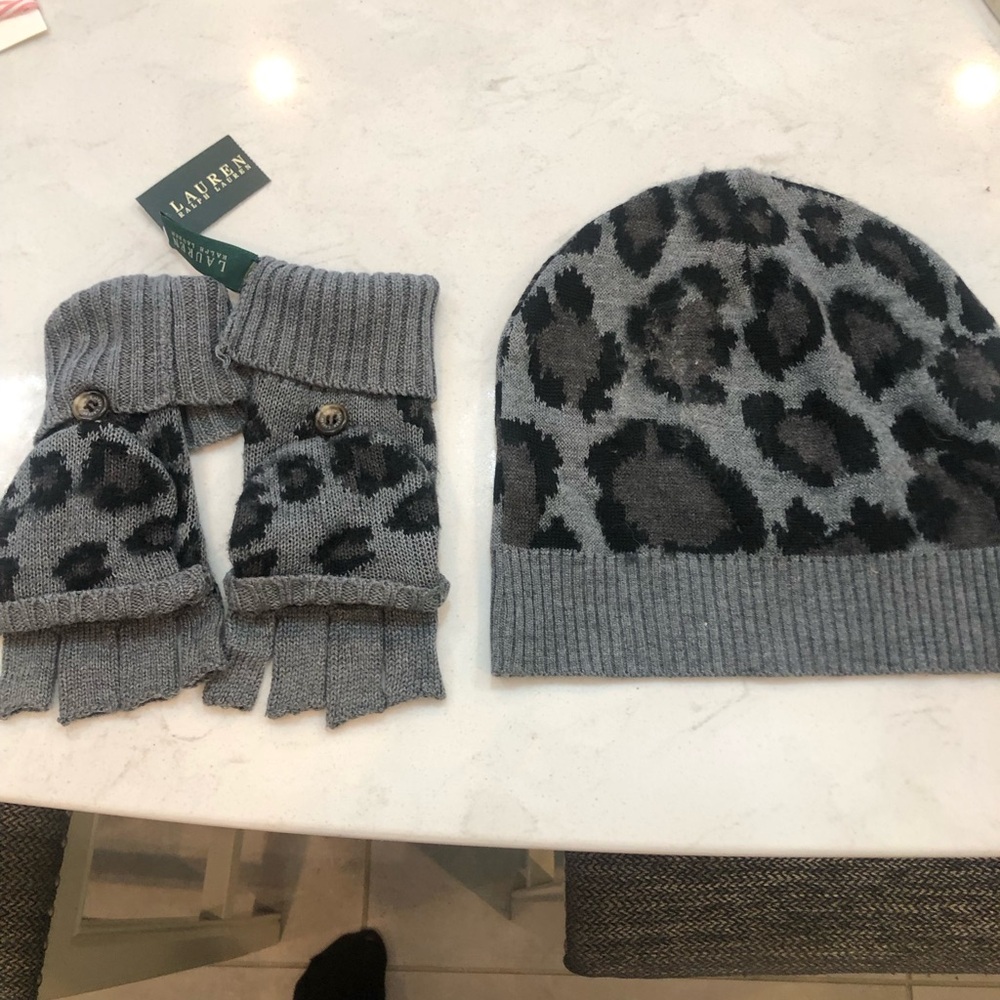 Ralph Lauren Kids Gray Leopard Hat and Mittens